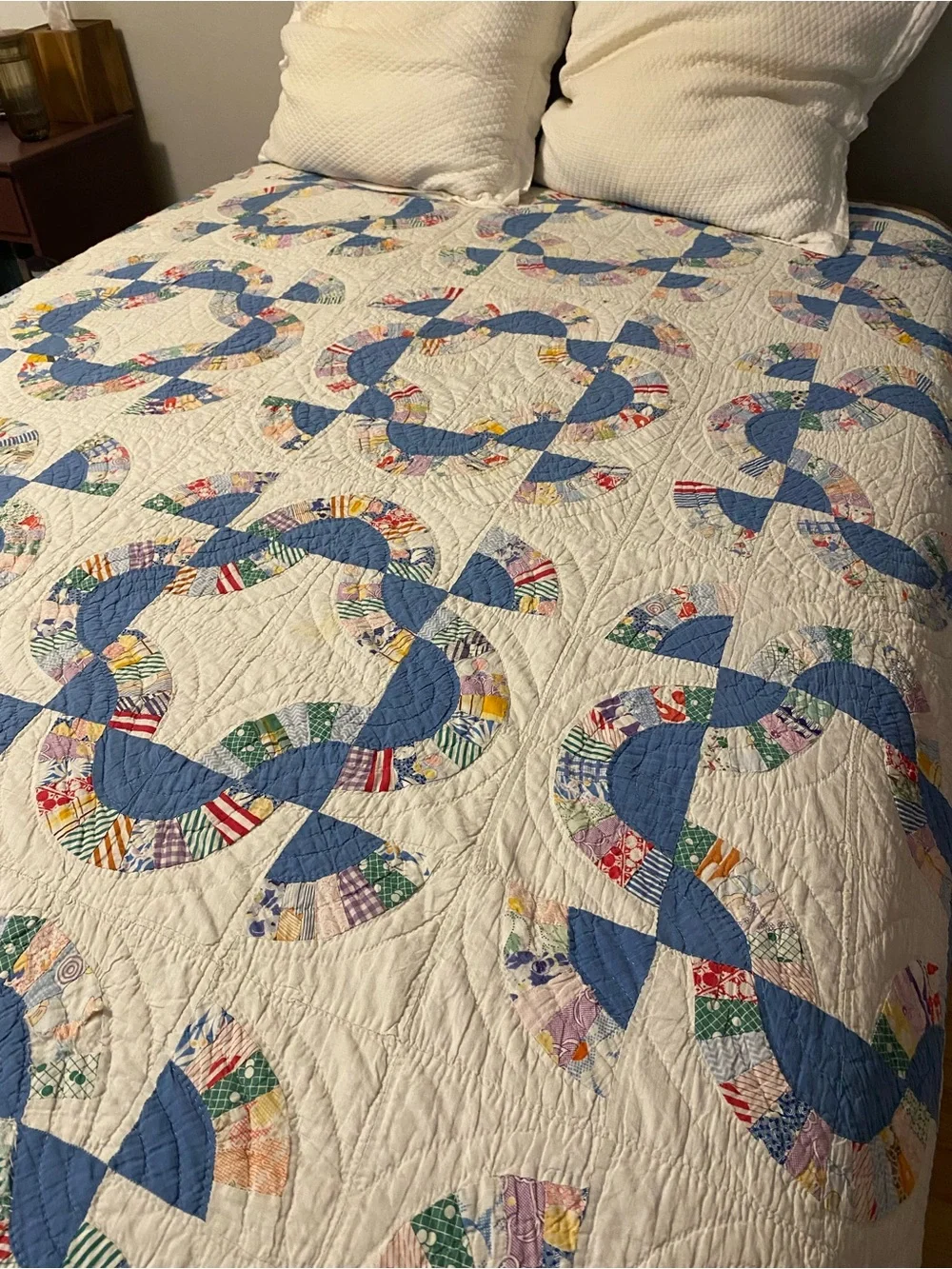 Vintage Feedsack Handmade Blue & White Mohawk’s Trail Quilt